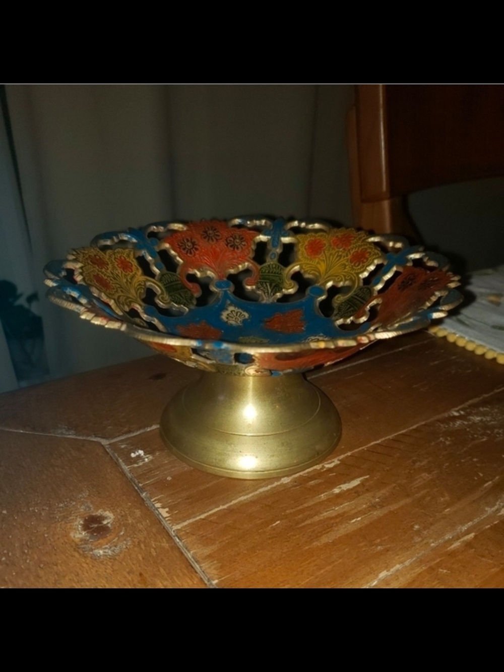 India Brass Enamel Cut Out Pierced Pedestal Bowl With Scalloped Edge